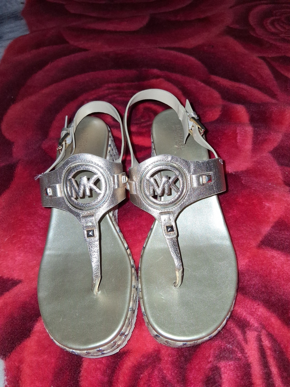 Michael Kors Metallic MK Logo T-Strap Sandals - Gold